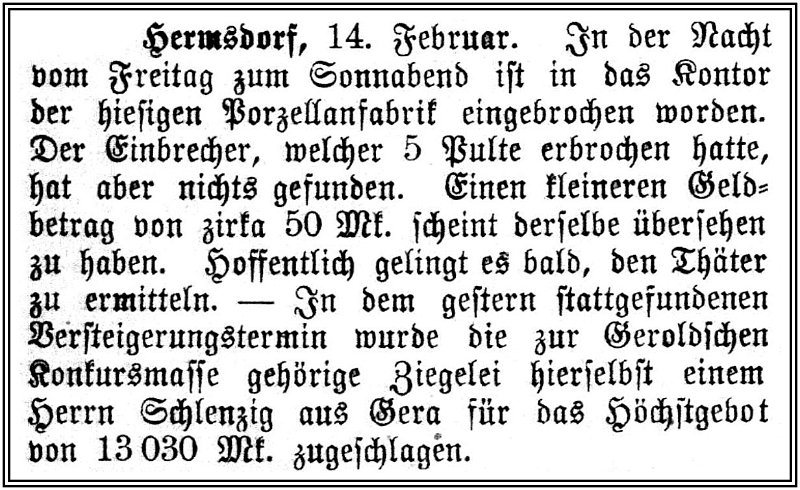 1897-02-16 Hdf Einbruch und Ziegeleiverkauf